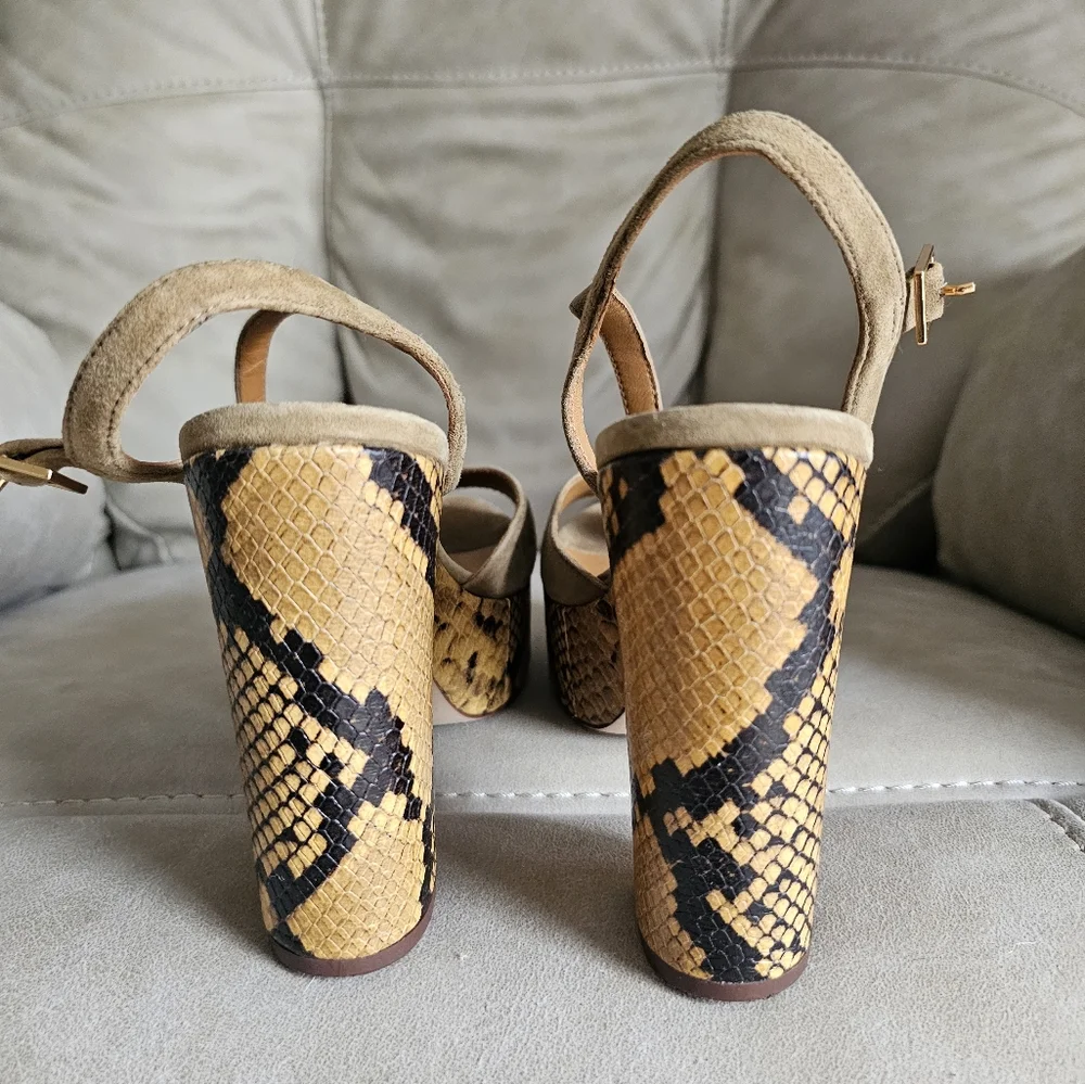 Tory Burch‎ Tan Suede Snake Print Platform Heels Sandals Statement Shoes Sz 7.5